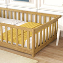 Twin Size Floor Bed with Fence and Door,Rubber Wood Floor Bed with Safety Guardrails,Natural