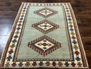 Turkish Kazak Rug 4x6, Geometric Medallion, Caucasian Design Rug, Semi Antique Vintage, Mint Green Maroon Ivory