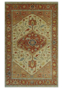 5.4x8 Hand Knotted Rust, Beige and Peach Traditional Turkish Knot Heriz wool area Rug