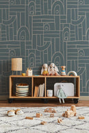 Deco Tile Wallpaper, dusty blue and white