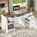 55 Inch Farmhouse Executive Desk With File Cabinet And Power Outlets