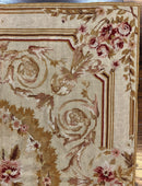 Aubusson Needlepoint Rug 4x5 ft, Beige and Tan, Aubusson Savonnerie Vintage Carpet, Handwoven Handmade Wool Rug, European Design Floral Rose
