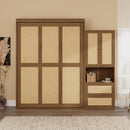Full Size Solid Wood With Rattan Murphy Bed Cabinet Space-Saving Bed with 1 Side Cabinet Storage Shelf, Perfect for Guest Room, for Bed Room, Guest Room, Home Office, Walnut