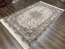 Beautiful Pak Persian Rug 6x9, Floral Medallion, Wool and Silk, Highly Detailed Elegant Carpet, Vintage Oriental Rug 6 x 9, Cream and Gray