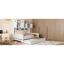 Full Size Wooden Daybed With Twin Size Trundle, and All-in-One Cabinet and Shelf, White