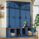 [Assembly Video Provided]  Farmhouse Hall Tree with 4 Hidden Hanging Hooks, Versatile Walnut Seating Bench with 8 Doors, Entryway Shoe Cabinet with Open Compartments for Living Room, Blue