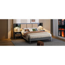 Queen Size Solid Wood Bed Frame with 2 Nightstands, Elegant Design with Lamps, Rattan and Wood Combination,Gray