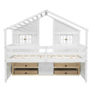 Full Size House Loft Bed with Roof, Windows,4 Storage Drawers,Pine Wooden Bed with Safety Guardrails,Ladder,White