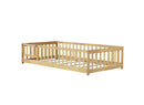 Twin Size Floor Bed with Fence and Door,Rubber Wood Floor Bed with Safety Guardrails,Natural