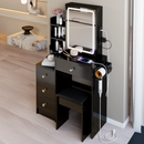 29.2' Small Size Left Bedside Cabinet Vanity Table + Cushioned Stool, 2 AC+2 USB Power Station, Hair dryer bracket, Extra Large Touch Control Sliding LED Mirror, Tri-color Switching, Brightness Adjust