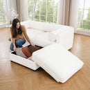 Stylish Modern Fabric 2-Seater Sofa with Ottoman Storage, White Chenille, Cylindrical Backrest and Armrests