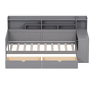 Wooden Twin Size Daybed with Storage Shelves, Multi-functional Bed with Two Storage Drawers and  Study Desk, Gray
