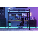 Full Size Metal Loft Bed Frame with Storage Shelf and LED Light,Iron mesh,Black