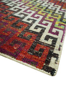 5.6x8.6 Ivory, Rust, Black and Mustard Greek key design Hand Knotted wool area rug