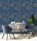 Gold and Blue Flowers Wallpaper