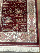 Turkish Silk Rug 3x5, Hunting Design, Dark Red & Ivory, Bamboo Silk, New