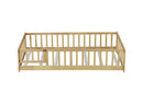 Twin Size Floor Bed with Fence and Door,Rubber Wood Floor Bed with Safety Guardrails,Natural