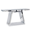 Modern Luxe Full-Body Mirror Entryway Table with Trapezoid Base, 360° Reflective Console, Scratch-Resistant, Open Storage, Silver, MDF & Glass, 55.9'
