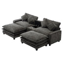 Modern Chenille Upholstered Sectional Sofa with Ottomans, USB Ports, Cup Holders, and Storage in Grey