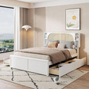 Queen Size Rattan Headboard Bed with Two Drawers and Trundle, White