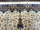 Persian Kashan Rug 9 x 12.6, Ivory and Blue, Floral Medallion, Wool Hand Knotted Semi Antique Carpet