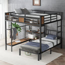 Queen Over Twin Bunk Bed with storage area on upper bed, lower bed with hangers and shelves, Space-Saving/Noise Reduced,black
