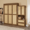 Full Size Solid Wood With Rattan Murphy Bed Cabinet Space-Saving Bed with 1 Side Cabinet Storage Shelf, Perfect for Guest Room, for Bed Room, Guest Room, Home Office, Walnut