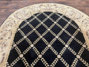 Oval Tibetan Rug 8x10, French Aubusson Design, Wool Handmade Vintage Carpet, Black & Beige, Soft Wool Pile