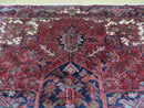 Persian Rug 8x11 Room Sized Heriz Carpet, Hand Knotted Wool Rug, Vintage Semi Antique, Geometric Medallion, Wine Red Cream Dark Blue, Wow