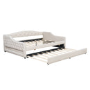 Elegant Upholstered Full XL Size Daybed with LED Belt and Trundle, Beige Linen Finish
