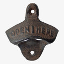 Open Here Wall Mount Bottle Opener, Cast Iron Rustic Bar Tool