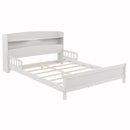 Full Pine Wood Bed with Bookcase Headboard ,LED Motion Sensor Light, Bed Guardrails,White