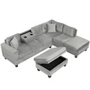 Modern Sectional Sofa with Storage Ottoman, L-Shape Couch with 2 Pillows and Cup Holders, Gray Velvet, 105 inch