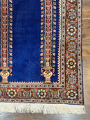 Indo Persian Prayer Rug 3x5, Fine Oriental Carpet, Dark Blue and Red, Vintage Hand Knotted Handmade Prayer Rug