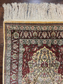 Wonderful Silk Turkish Hereke Prayer Rug 2.8 x 4.5, Tree of Life Design, Signature from Master Weaver, Gold and Burgundy, Handmade, 625 KPSI