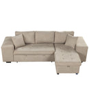 Modern L-Shape 3 Seat Reversible Sectional Couch with Pull Out Sleeper, Storage Chaise & 2 Stools, Cream, Linen Chenille