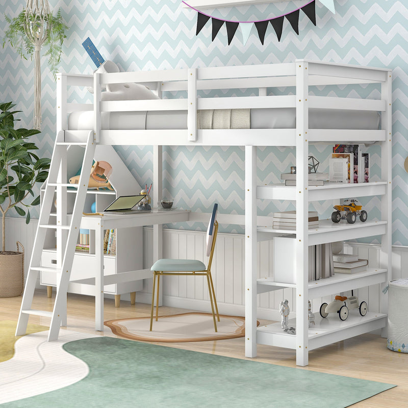 Twin Loft Bed with desk, ladder, shelves, White