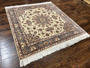 Sino Persian Square Rug 5x5, Very Fine Oriental Carpet, Wool & Silk Highlights, Ivory, Hand Knotted Handmade Vintage Traditional Rug