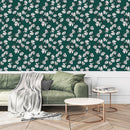 Dark Green Wallpaper with White Flowers