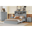 4-Pieces Bedroom Sets Queen Size Vintage Wooden Bed Frame with 2 Nightstands and 1 Dresser,Light Gray