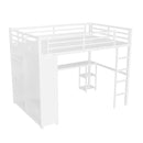 Queen Size Loft Bed Frame with Built-in Wardrobe, Metal Loft Bed with Desk and Storage Shelves, White