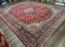 Large Persian Kashan Rug 11x14, Traditional Persian Carpet, Wool, Fine 250 KPSI, Red Navy Blue