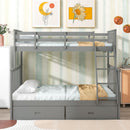 Wooden Twin Over Full Bunk Bed with Storage Drawers, Ladder, and Safety Guard Rails in Grey