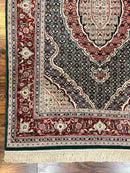 Sino Persian Rug 4x6, Wool with Silk Highlights, Fine Hand Knotted Carpet, Green & Maroon Red, Herati Medallion, Vintage Rug