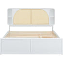 Queen Size Rattan Headboard Bed with Two Drawers and Trundle, White