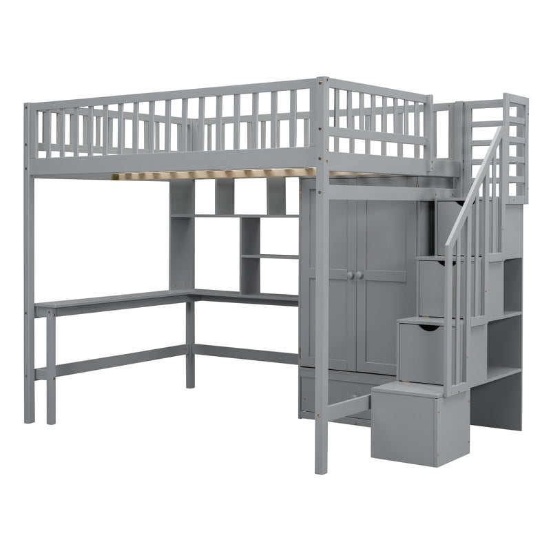 Full size Loft Bed with Bookshelf,Drawers,Desk,and Wardrobe-Gray