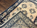 Chinese Peking Rug 4x6, Wool Hand Knotted Handmade Vintage Semi Antique Carpet, Semi Open Field, Light Peach & Navy Blue, Art Deco Rug