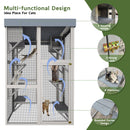 70.5＂ Tall Wooden Catio Outdoor Cat Enclosure, Gray Cat House Large Solid Wood Cage Playpen with 6 Jumping Platforms & 2 Napping Houses, Movable tarp cover