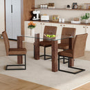 Table and chair set.A 49.6*30 Inch Transparent Tempered Glass Dining Table With Walnut Wood Grain MDF Legs.Paired With 4 Ergonomic Brown Technology Fabric Dining Chairs,Black Metal Legs.