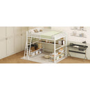 Full Size Metal Loft Bed with Desk, Storage Shelves and Charging Station, White